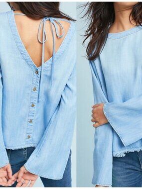 NWT Anthropologie Cloth & Stone Blue Tencel Crew Neck Top Women S Made in USA